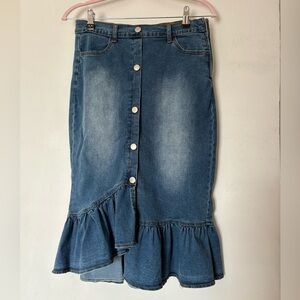 Hayden Blue Denim Midi Skirt with Ruffle Detail